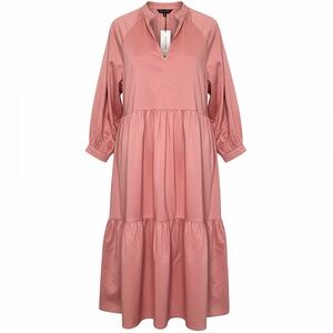 Strut & Bolt Coral Tiered Midi Dress | Puff Sleeve V-Neck Poplin Dress #78